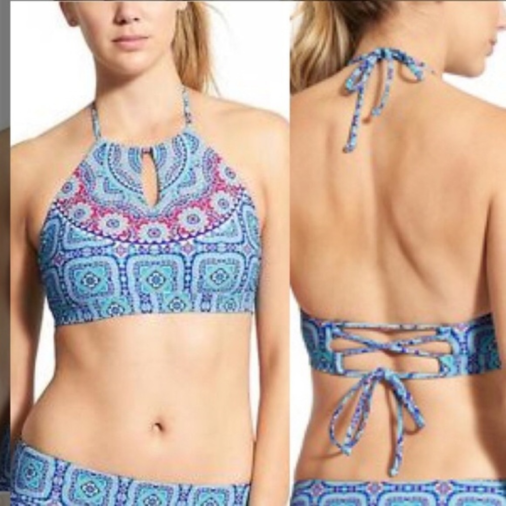 Athleta Fiji High Neck Bohemian Medallion Print Halter Bikini Swim Top Blue S